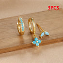 3PCS Stainless Steel Gold Color Four Flower Hoop Earrings Set for Women Elegant Zircon Pendant Huggies Piercing Trendy Jewelry