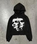 Trendy retro street style portrait print long sleeved loose hoodie for men and women, millennium gothic Harajuku style pullover