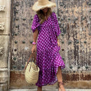 Puff Sleeve Boho Maxi Dress Women Summer Fashion V Neck Floral Splicing Half Sleeve Dress Female Loose Ankle-Length Beach Dress