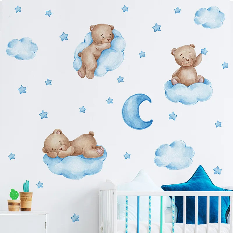 3 Colors Cartoon Bear Clouds Moon Wall Stickers for Kids Baby Room Nursery Decor Wallpaper Boys Girls Bedroom Wall Decals