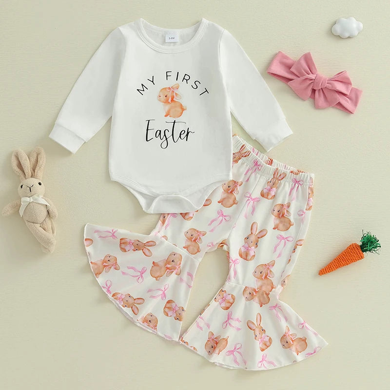 Toddler Girls Spring Floral Ruffle Sleeve Romper and Pants Set with Matching Headband - Easter Bunny Print Outfit for Baby Girls