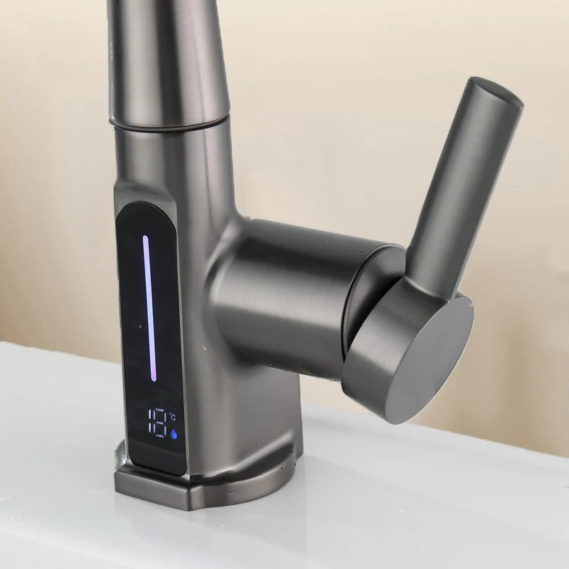 Temperature Digital Display Wash Basin Faucet Pull Out Taps Hot Cold Water Mixer Wash Tap For Bathroom