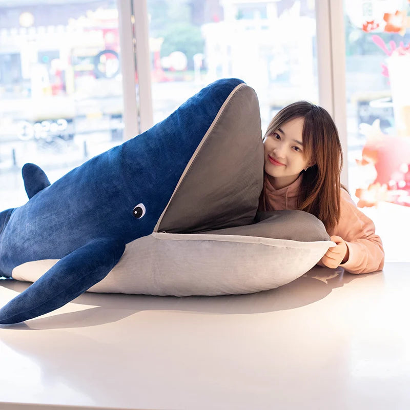 Nordic Style Blue Whale Plush Toy Cute Marine Animal Stuffed Dolls Mouth with Zipper Sleeping Throw Pillow Kids Christmas Gift