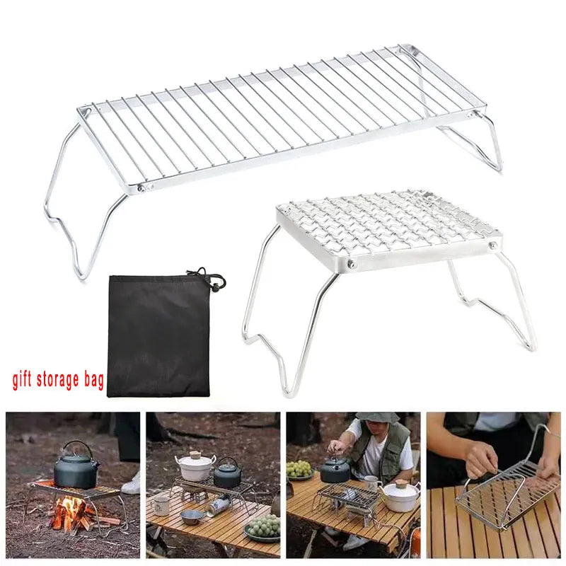Folding Campfire Grill Portable Stainless Steel Camping Grill Grate Gas Stove Stand Multifunctional Outdoor Wood Stove Stand