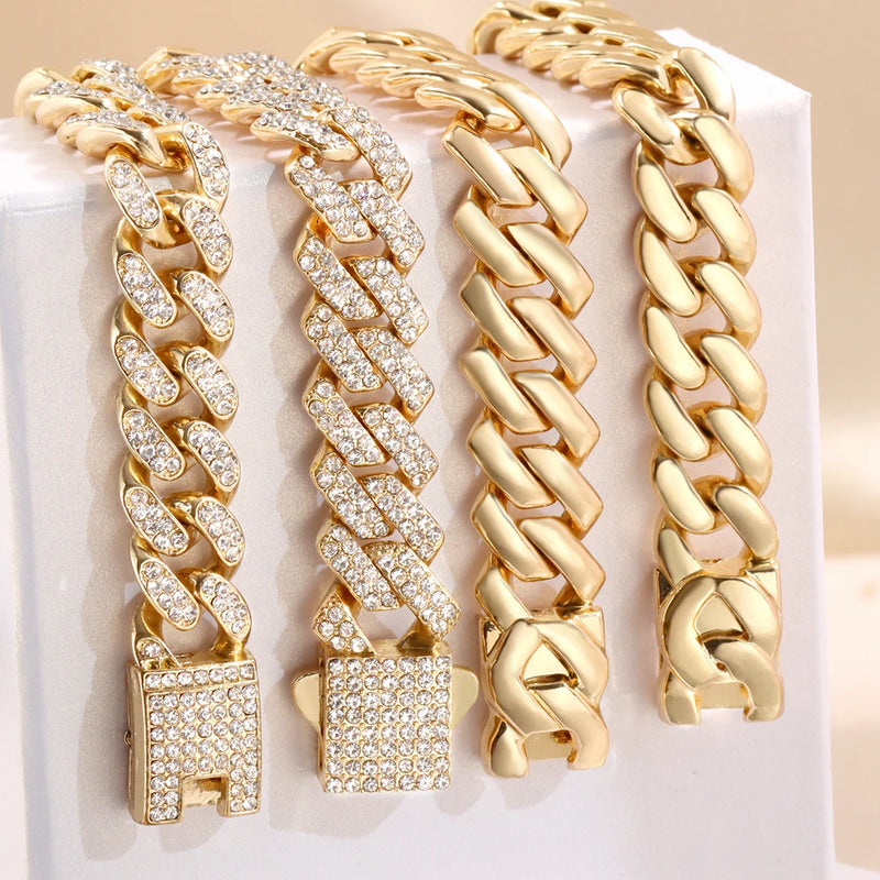 4Pcs Cuban Chain Bracelet for Women Men HipHop Bling Iced Out Chain Full Rhinestone Paved Chunky Metal Bracelet Set Jewelry Gift