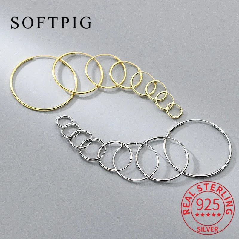 SOFTPIG Real 925 Sterling Silver 1.2/1.5mm Wire Diameter Large Hoop Earrings for Women Trendy Fine Jewelry Geometric Accessories