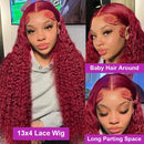 99j Burgundy 100% Human Hair Deep Wave 13x6 Lace Frontal Wig Water Wave Frontal Wig Curly Wigs  200 Density Women's Wigs 52 Inch