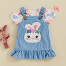 Toddler Girls Floral Print Romper and Ruffle Sleeve Dress Set with Bunny Ear Headband Summer Outfit for Easter