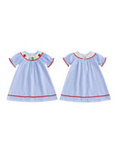 Girls Short Sleeve Plaid Embroidery Dress with Crew Neck Perfect Back-to-School Outfit for Summer Wear