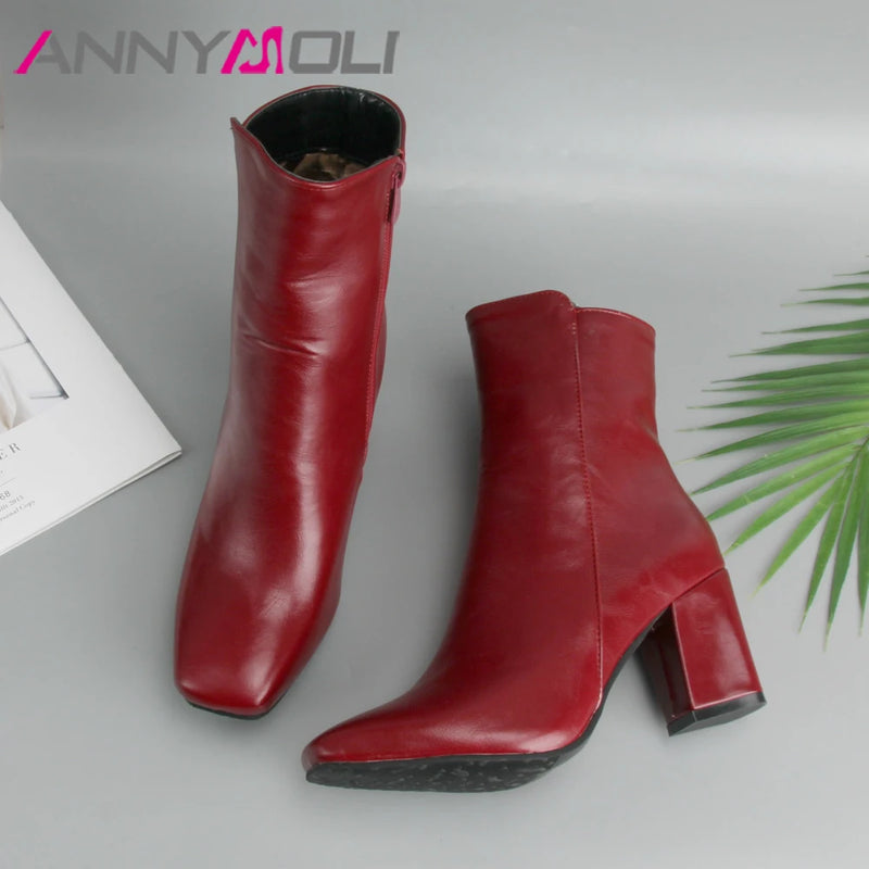 ANNYMOLI Thick High Heel Boots Square Toe Winter Boots Women Ankle Boots  Zipper Ladies Autumn Shoes White Black Red Size 33-43