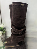 Ladies' Autumn and Winter New Pointed Knee High Women's Boots, Thick High-heeled Long Pants Boots, Fashionable Mid Rise Boots