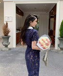 The Cobalt Lace | Floral Lace Patchwork Midi Dress with Retro Turn-Down Collar