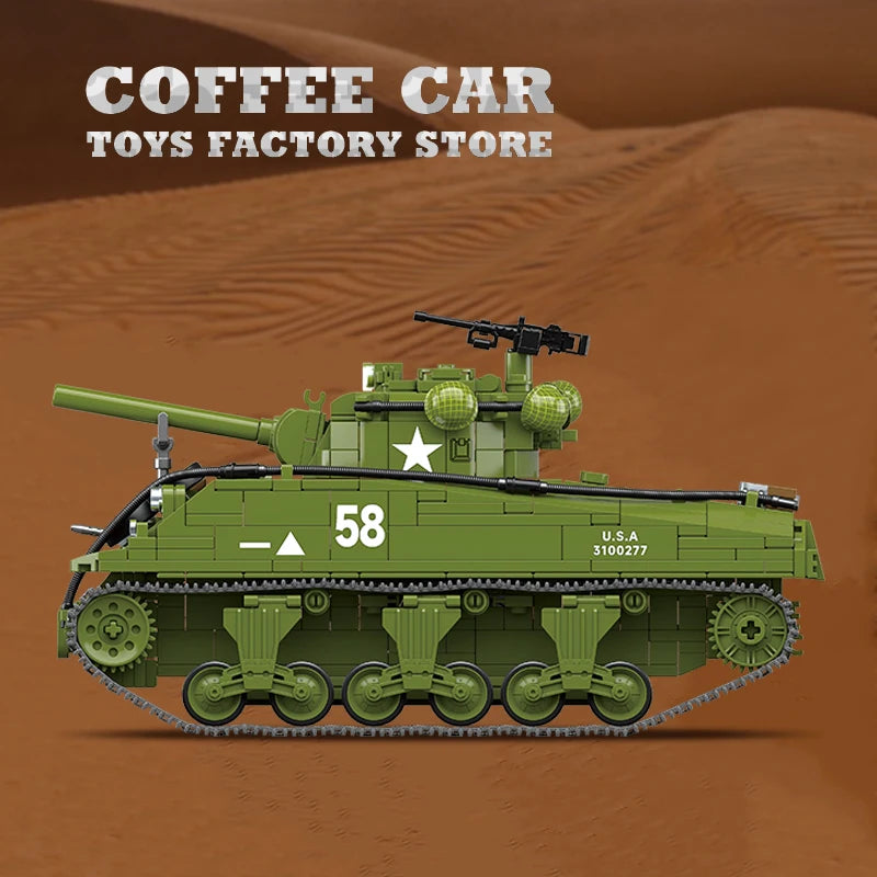 M4A3 Medium Tank Building Blocks T34/76 Armored Cars Bricks Model WW2 Classic Military Toys Adult Boys Kids Christmas Gifts DIY