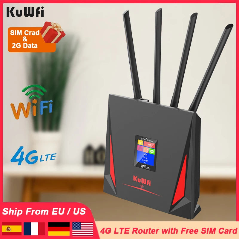 KuWfi 4G LTE Router CAT4 300Mbps Wifi Router 4G Modem with Free SIM Ca