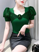 Women's Chic Youthful Square Neck Puff Sleeve T-Shirt Shimmery Floral Summer Blouse  Slim Fit Trendy Top