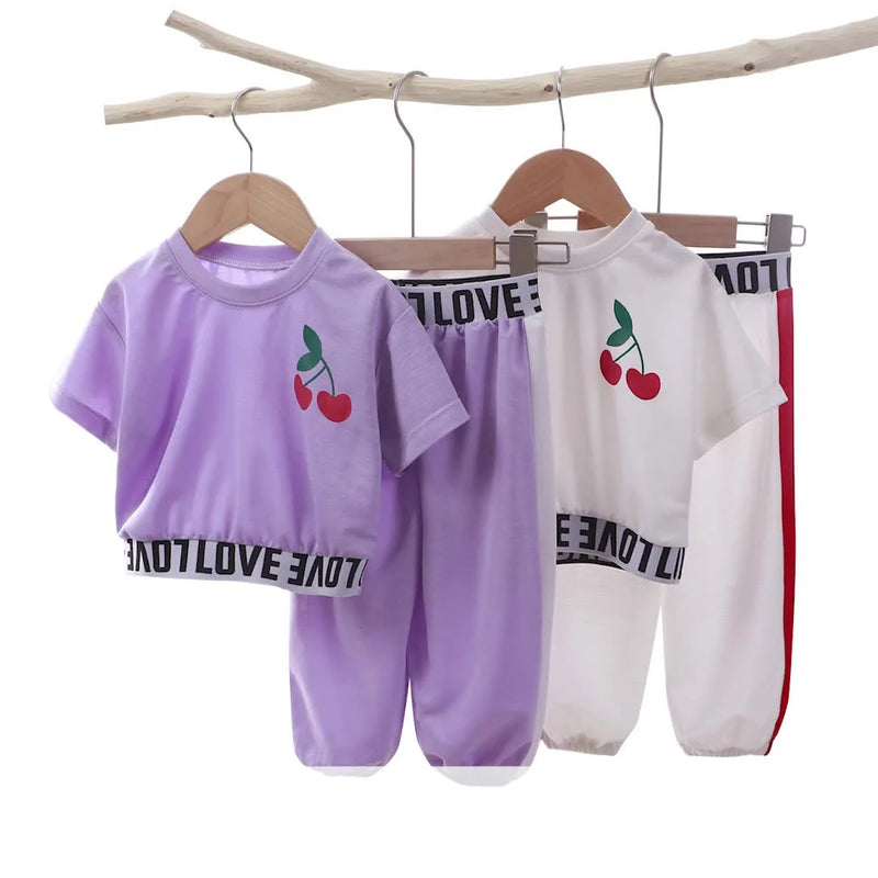 Children Kids Baby Girls Clothes Set Summer Short-sleeved Round Neck T Shirt and Solid Color Elastic Long Pants Fashion Suit