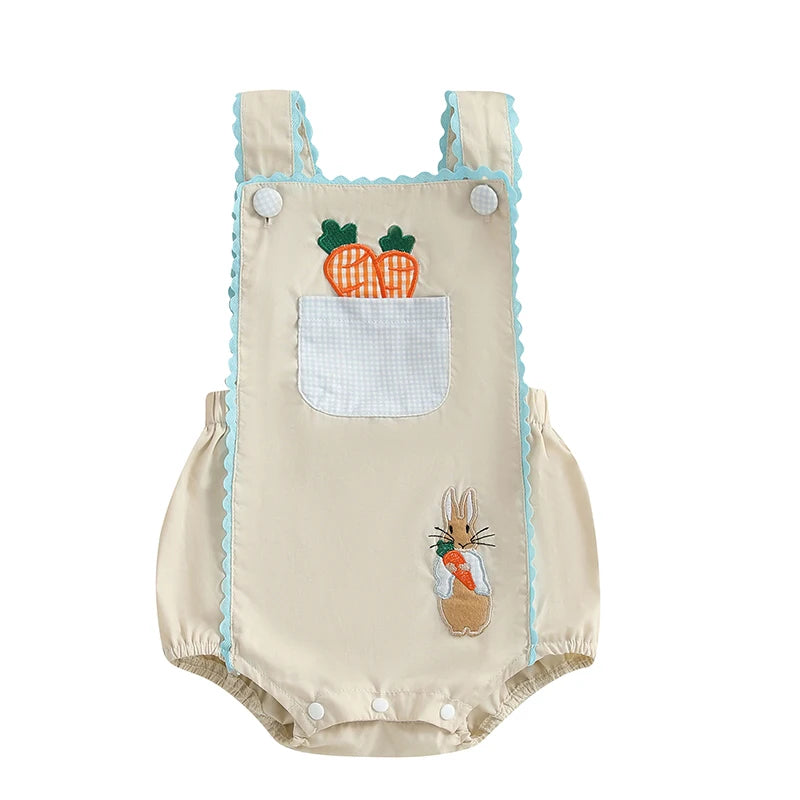 Easter Bunny Embroidered Sleeveless Romper Jumpsuit with Carrot Applique and Square Neckline for Baby Girls