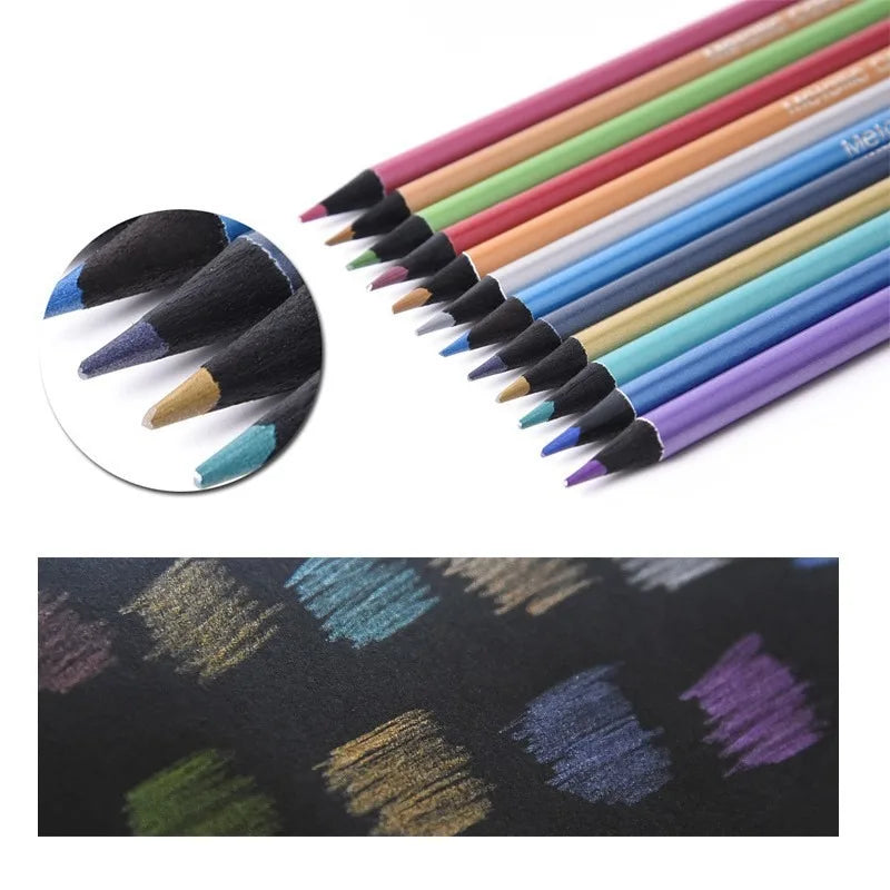 12 Color\box Metallic Colored Pencils Drawing Sketching Soft Wood Golden Pencil Set for Student Profession Art Supplies