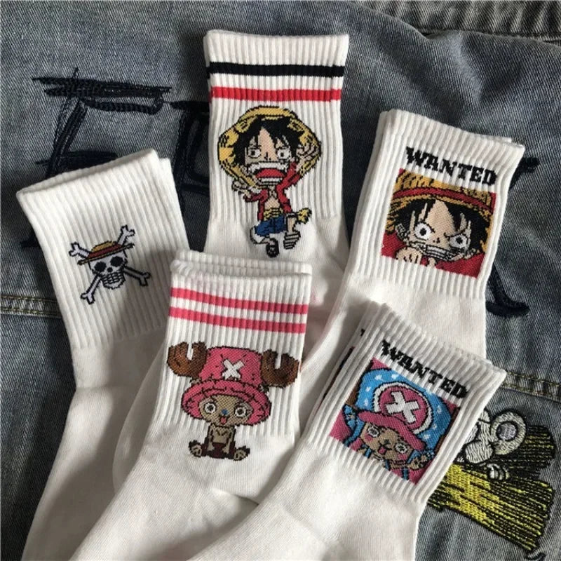 5Pair Anime One Piece Socks Cartoon Luffy Chopper Student Cotton White Long Short Boat Socks Printed Knitted Socks Children Gift