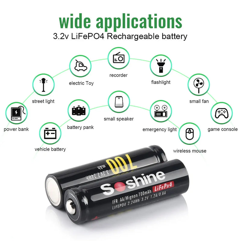 Soshine 3.2V 14500 LiFePO4 700mAh Rechargeable Battery AA 700mAh Batteries and AA  AAA 14500 10440 Smart Battery Charger 2 Slot