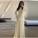 Fashion Flare Sleeve Ruff Long Dress Women Solid O-neck High Waist Slim Pleated Maxi Dresses 2025 Lady Summer Chic Party Robes