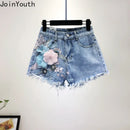 Korean Two Piece Sets Women Clothing Embroidery Short Sleeve White Tshirts High Waist Denim Shorts Outfits Casual Summer Y2k Set