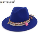 BUTTERMERE Damen Fedora Hut Wolle Khaki Jazz Hüte Weiblich National Lässig Große Krempe Vintage Herbst Klassischer Filzhut und Mütze 2022