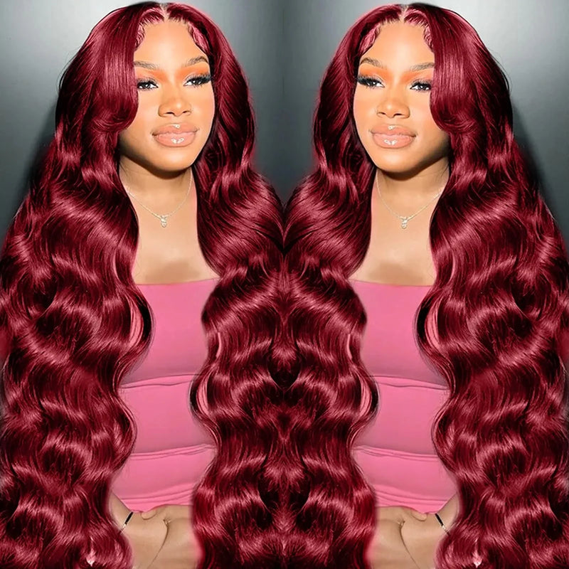 99j/Burgundy Body Wave Transparent Lace Frontal Human Hair Wigs 13x6 Lace Frontal 180% Density Wigs For Women With Baby Hair