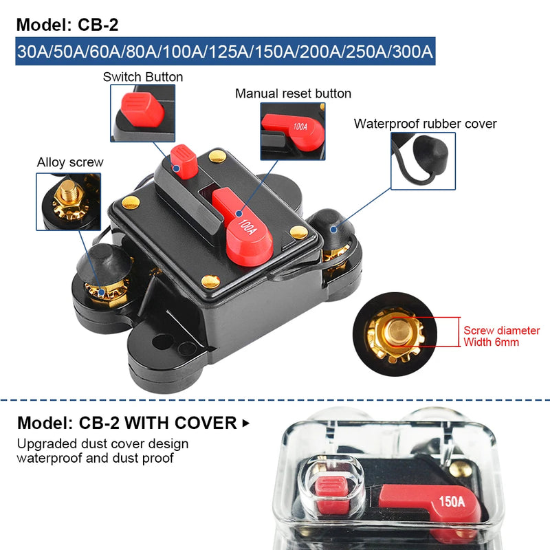 DC12V 24V Home Solar System Waterproof Circuit Breaker Reset Fuse Inverter 60A 80A 100A 150A 200A 250A 300A