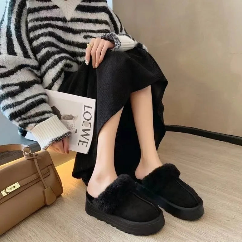 42 Code Snow Boots Fur Fur Slippers Female Wearing 2023 New Baotou Flat Half Drag Thick Sole Cotton Shoes Women Boots