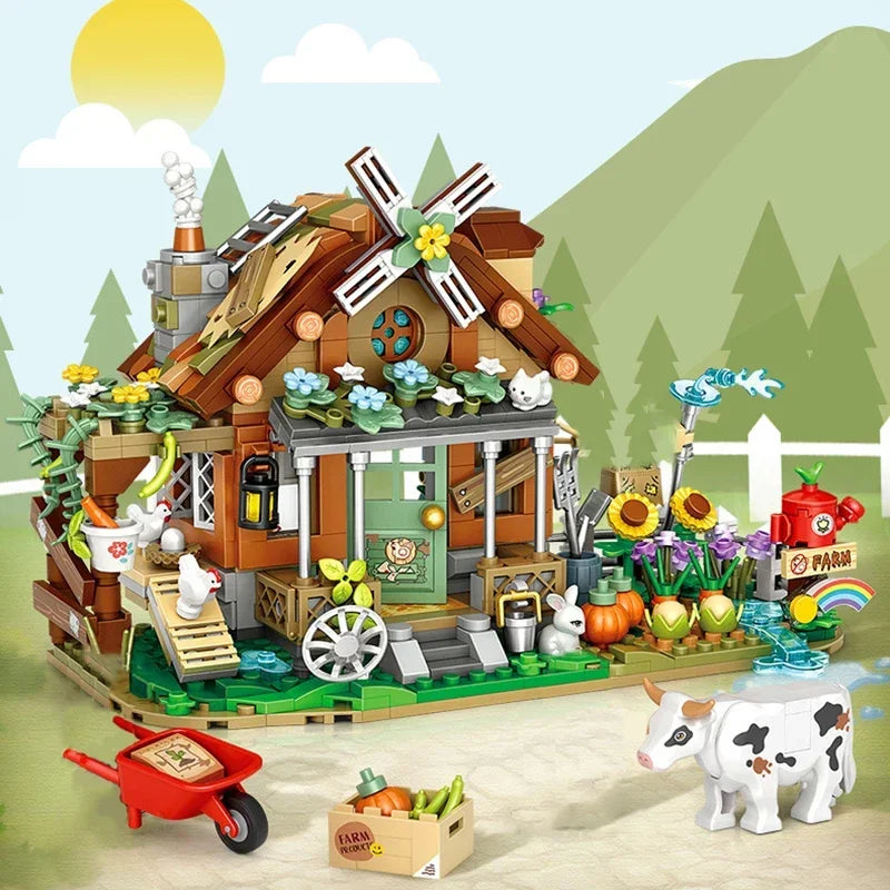 City Street View MINI Building Blocks Set DIY Country Windmill Cabin Model Assembled Ornaments Aldults and Children's Toys Gifts