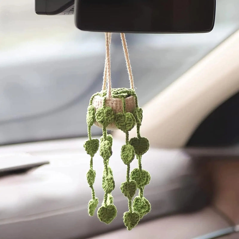 Boho Car Plant Crochet Hanging Basket, Hanging Plant for Car Decor