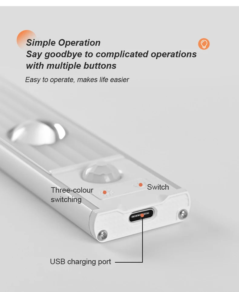 LED Under Cabinet Lamp PIR Motion Sensor Wireless Ultra-Thin Night Light for Kitchen Bedroom Wardrobe USB Rechargeable Bar Tube