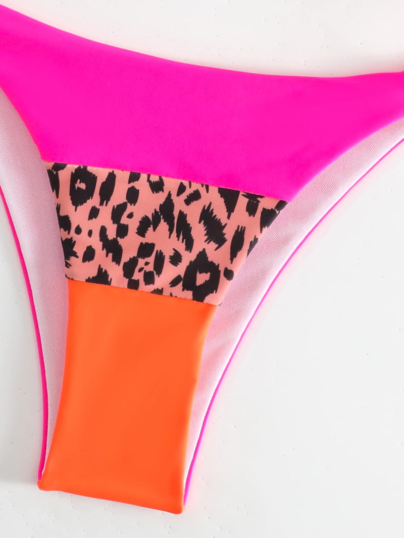 Sexy Bandeau Bikini Women Hot Pink Leopard Print Contrast Front Tie Push Up Micro Swimsuit 2024 Bathing Suit Triangle Swimwear