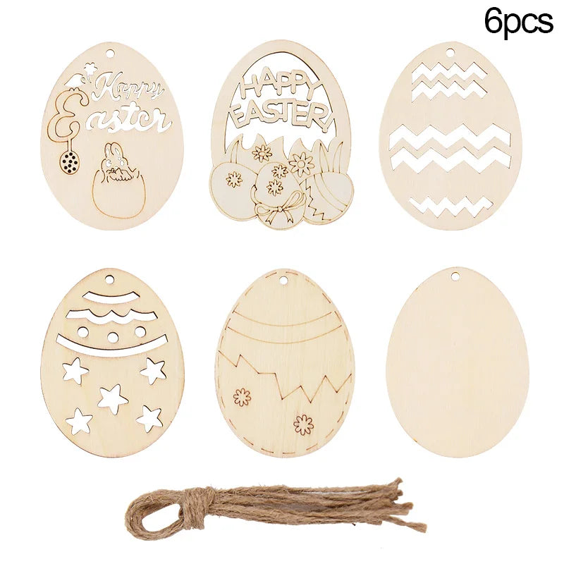 6/12Pcs Easter Egg Wooden Slice Kids DIY Painting Gift Hanging Pendant Unfinished Wood Crafts Happy Easter Party Home Decoration