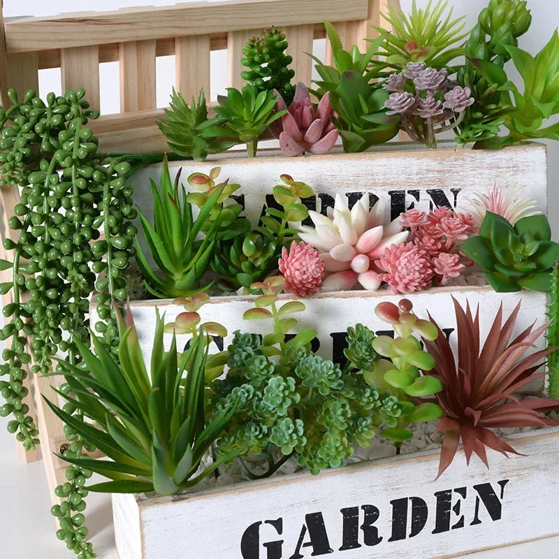 12pcs Artificial Succulents Plants Green Faux Succulent Plant Home Garden Small Bonsai Decor Flower Desktop Table Fake Plants