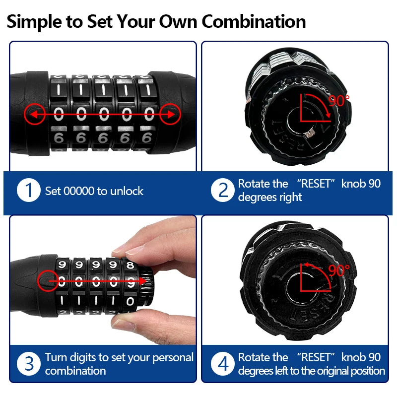 Bike Chain Lock, 5 Digit Combination Heavy Duty Anti Theft Bicycle Chain Lock, For Bicycle, Motorcycle, Door, Gate, Fence