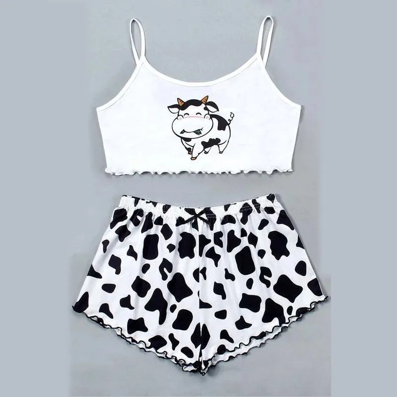 Two-Piece Vest Camisole Pink Lips Pattern Printing Comfortable Women Home Pajamas Bustier Waist Cartoon Cow Cute Loungewear