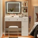 Satifur White Vanity Desk with Mirror and Lights, Makeup Desk with Storage Shelf and Power Outlet, Dressing Table with Cabinet