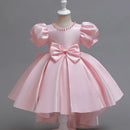 Fashion Solid Color Girl Evening Gown Short Sleeve Bow Kids Dresses for Girls Summer Girls Party Dress 1-10 Years