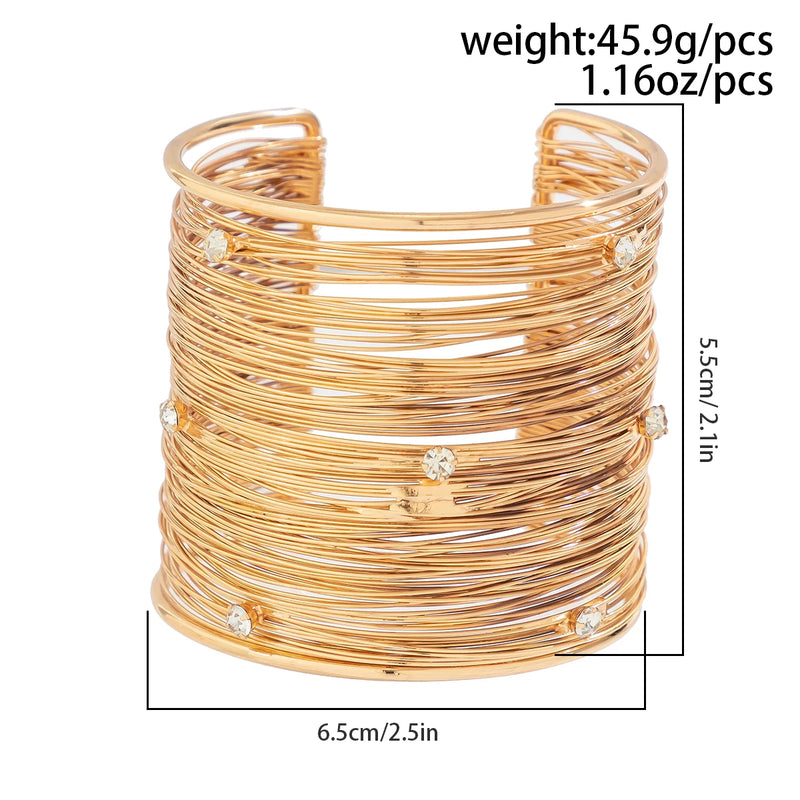 Multilayer Metal Wires Strings Open Cuff Bangles for Women Exaggerated Punk Rhinestone Arm Bracelet Grunge Jewelry Steampunk Men