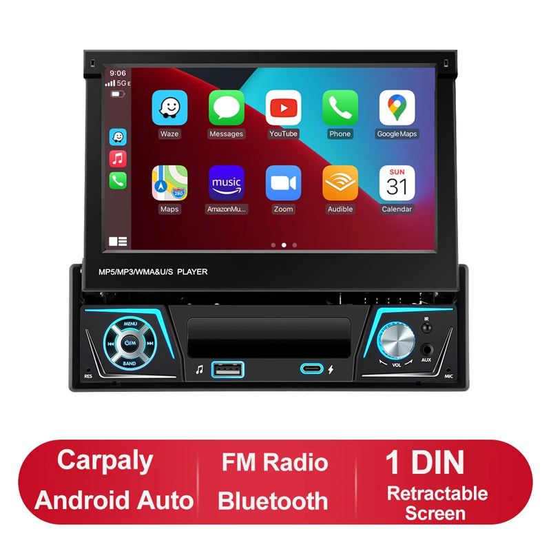 1 din Car Radio Android Carplay Auto Universal 7" IPS Retractable Screen gps Navigation 1 Din Android 13 Multimedia Video Player