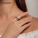 BAMOER 100% 925 Sterling Silver Sticky Cat with Long Tail Finger Ring Women Ring Adjustable Engagement Ring Jewelry SCR220