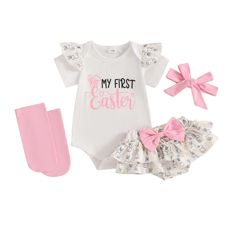 Adorable Baby Easter Outfit with Bunny Print Romper Ruffled Shorts Headband and Long Socks - 4 Piece Set for Your Little Girl