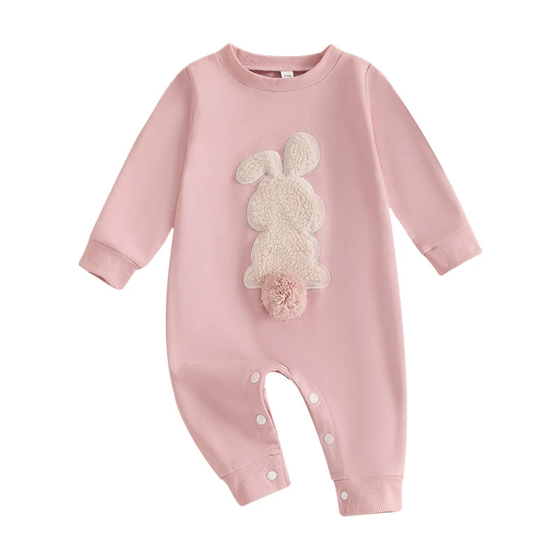 Lioraitiin Baby Girls Boys Easter Rompers Plush Bunny Embroidery Fur Ball Design Crew Neck Long Sleeve Spring Infant Jumpsuit