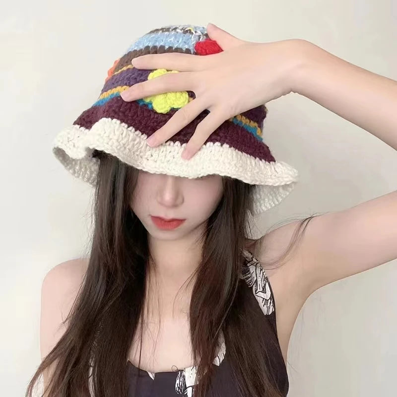2024 New Korean-Japanese Hand Buckle Crochet Bucket Hat Spring and Autumn Winter Sun Hat Female Cherry Designer Bob Basin Hat