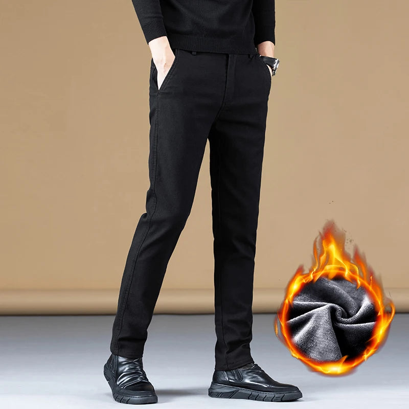 Stretch Fleece Casual Pants Men Korean Thickened Straight Thermal Velvet Pants Male Winter Business Soft Slim Fit Trousers