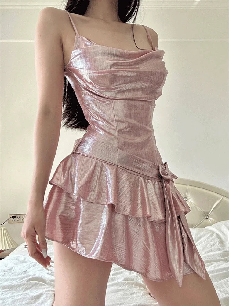 Sexy Ruffle Mini Dress Pink Asymmetrical Bodycon Summer Dress Elegant Party Dress for Women 2023 Fashion Bow Knot Vestidos