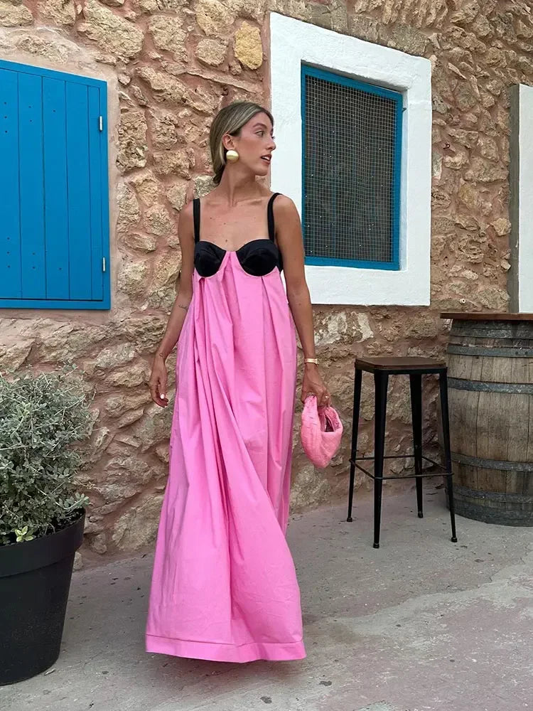 Contrast Patchwork Sling Maxi Dress Women Backless Sleeveless Loose Robes 2024 Summer Fashion Female Holiday Beach Vestidos