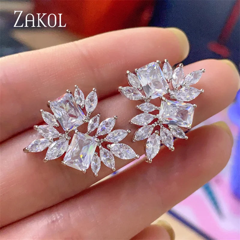 ZAKOL Fashion Yellow Leaf Stud Earrings for Women Shinny Geometry Cubic Zirconia Bridal Earring Wedding Party Jewelry